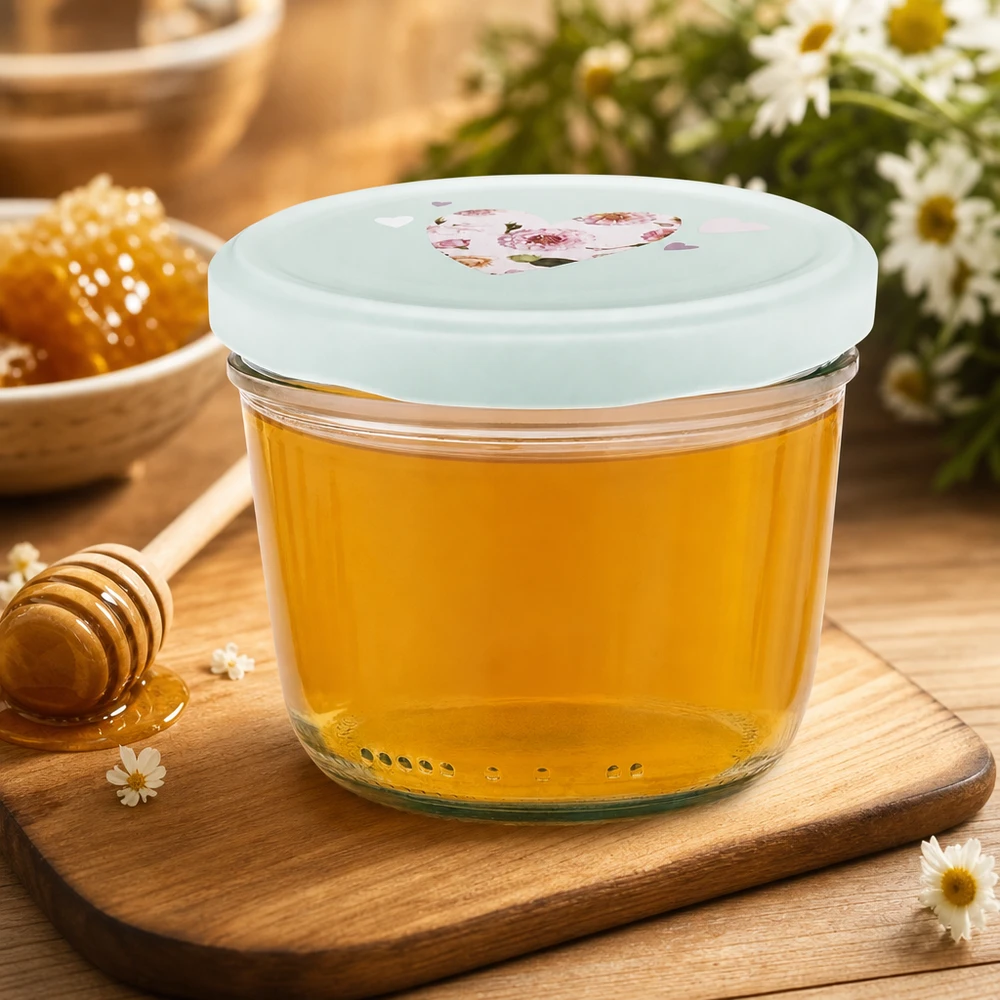 Copos de vidro de 230 ml + tampa BasicSeal coração menta UNiTWIST Frasco de mel de 230 ml com tampa BasicSeal coração de menta, frasco de mel sobre tábua de madeira com colher de mel e flores