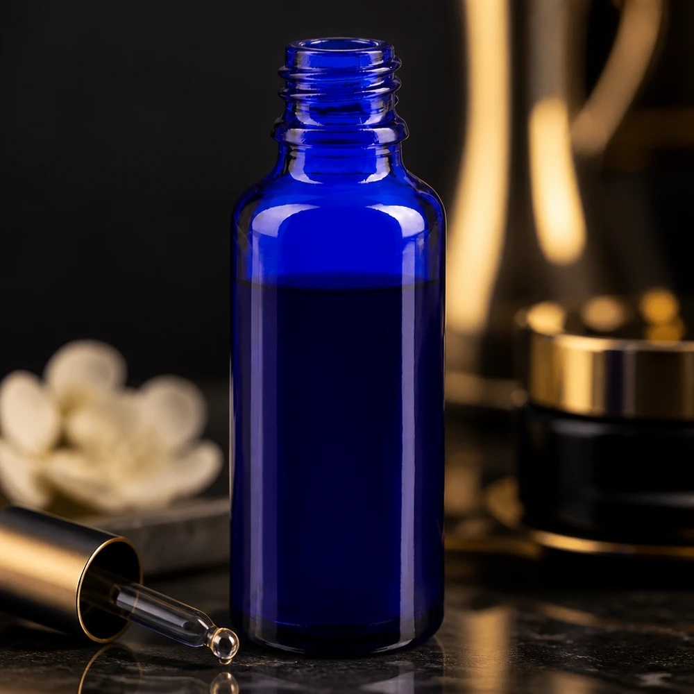 Elegante frasco de farmácia ApoGlas de 30 ml em azul cobalto, sem tampa, sobre uma superfície de mármore escuro