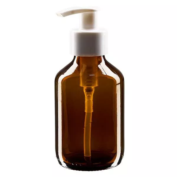 Frasco de medicamento de 150ml castanho, com bomba dispensadora branca ApoGlas Frasco de medicamento de 150ml castanho, com bomba dispensadora branca ApoGlas