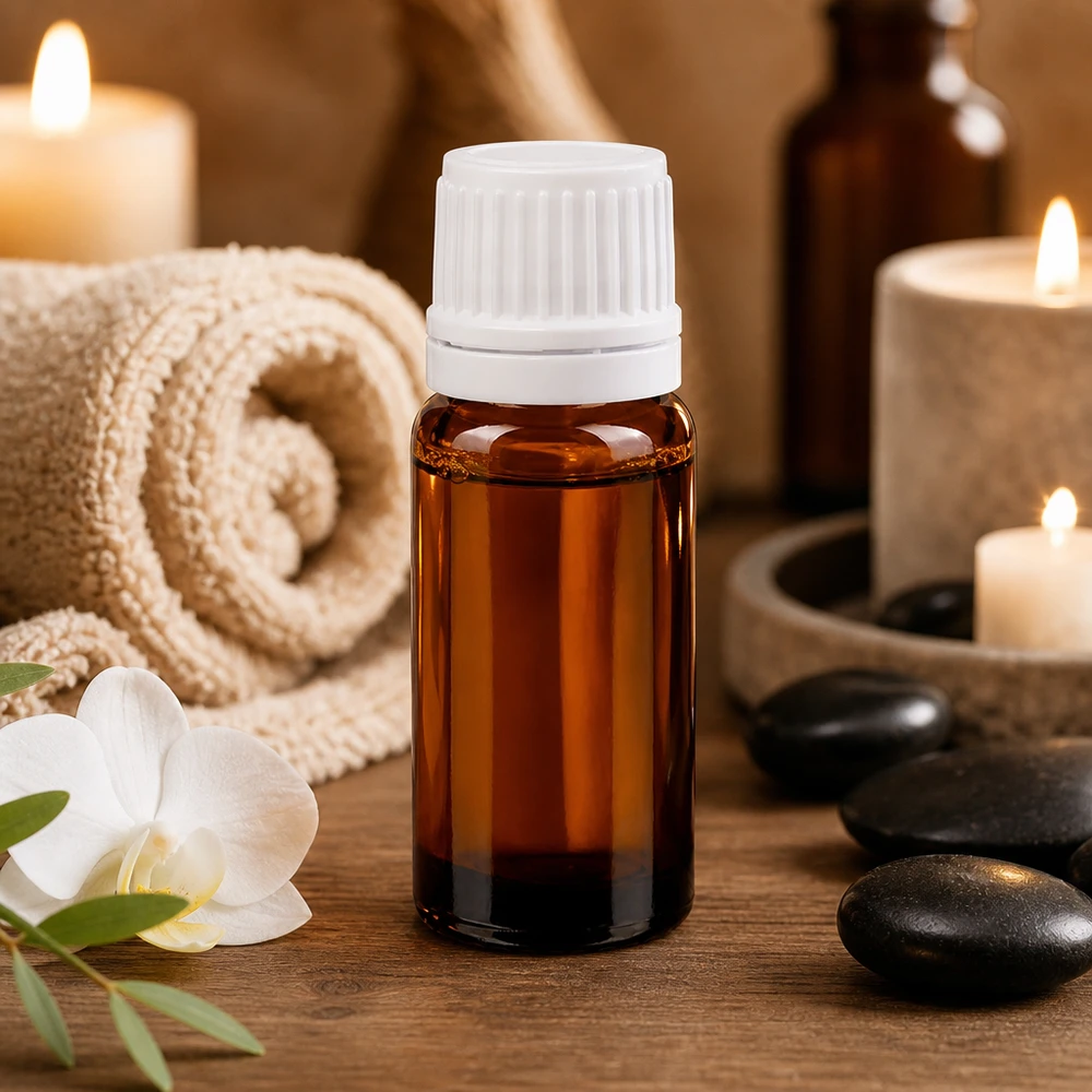 Frasco conta-gotas de vidro castanho de 10 ml com tampa de rosca branca para óleos de massagem e bem-estar