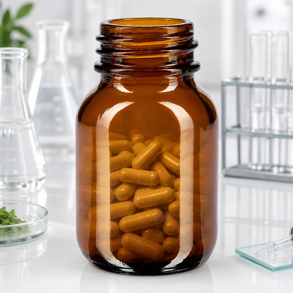 Frasco de vidro castanho de 50 ml com abertura larga ideal para cápsulas e comprimidos