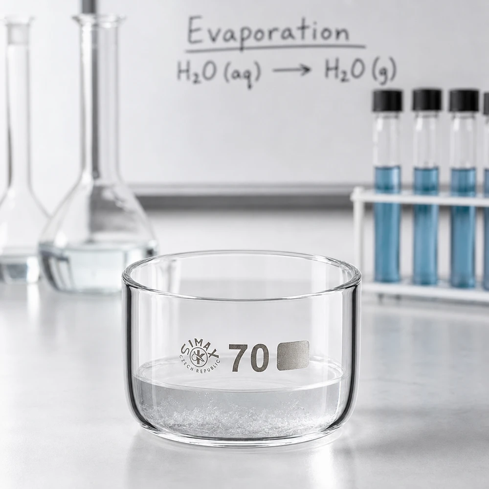 Prato de cristalização de 100ml sem bico em borosilicato ø70mm Bandeja de cristalização de 100 ml em vidro borossilicato com cristais de sal brancos sobre uma mesa de laboratório durante uma experiência de evaporação