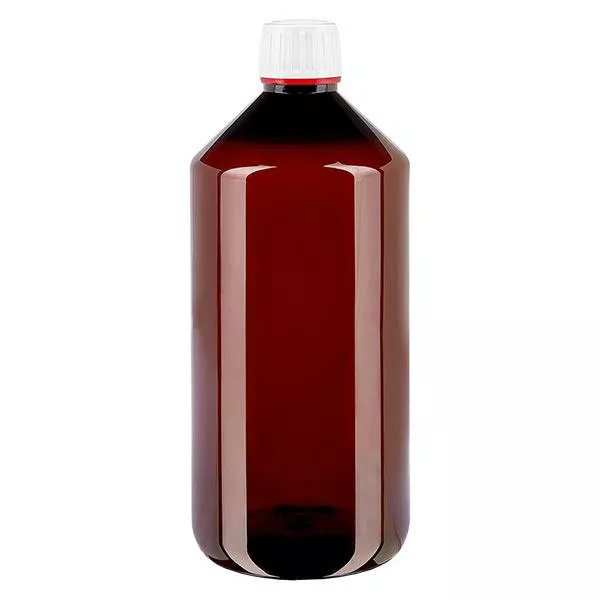 Frasco PET 1000ml com tampa inviolável branca, com nervuras finas Frasco PET 1000ml com tampa inviolável branca, com nervuras finas