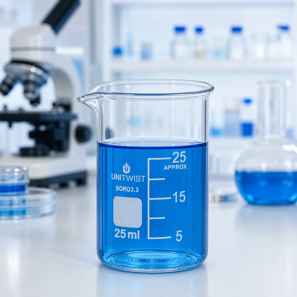Copo de vidro UNiTWIST de 25 ml, de formato baixo, com um líquido azul num laboratório, sobre uma bancada branca