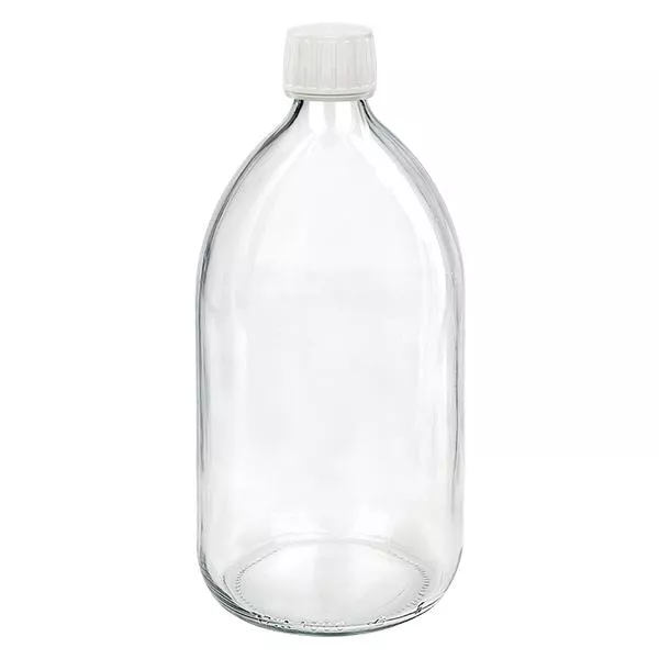 Frasco de medicamento de 1000ml transparente, tampa branca com anel inviolável ApoGlas Frasco de medicamento de 1000ml transparente, tampa branca com anel inviolável ApoGlas