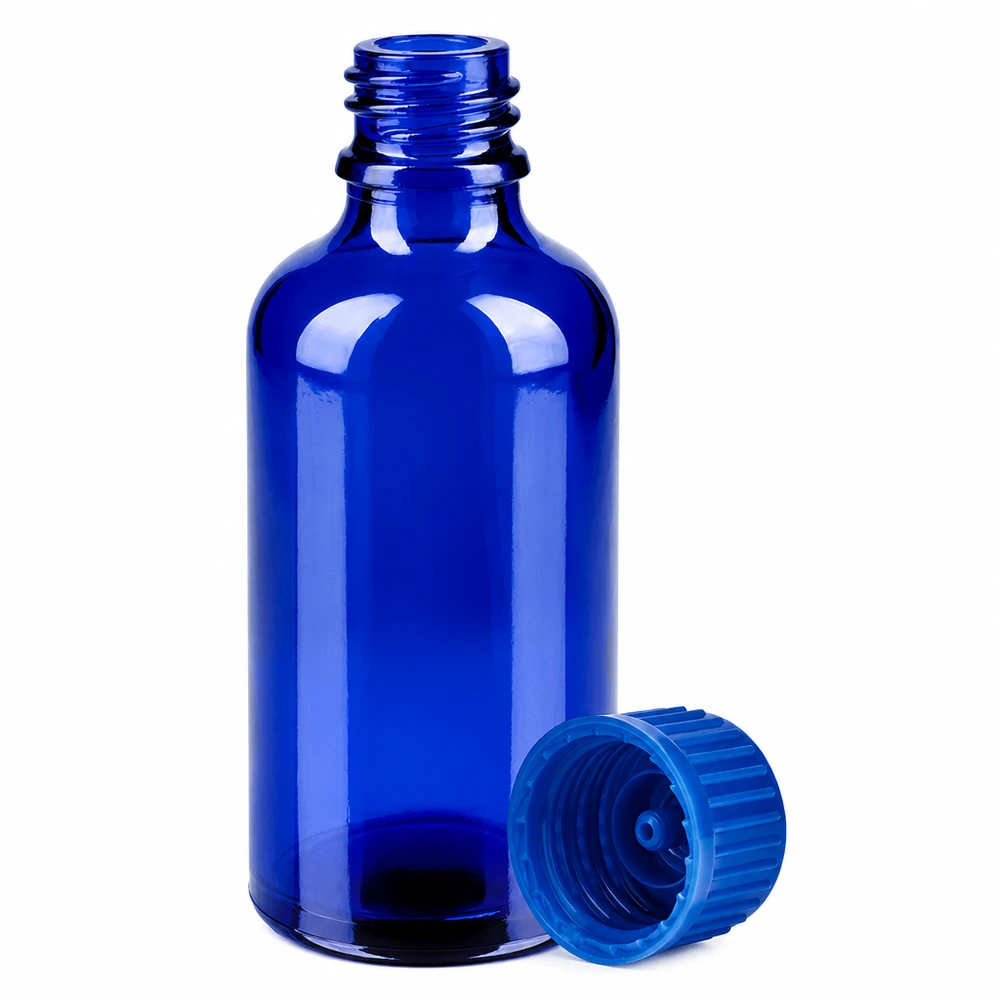 Frasco de vidro azul de 50 ml com rosca de 11 mm e tampa de rosca a condizer para uma conservação segura