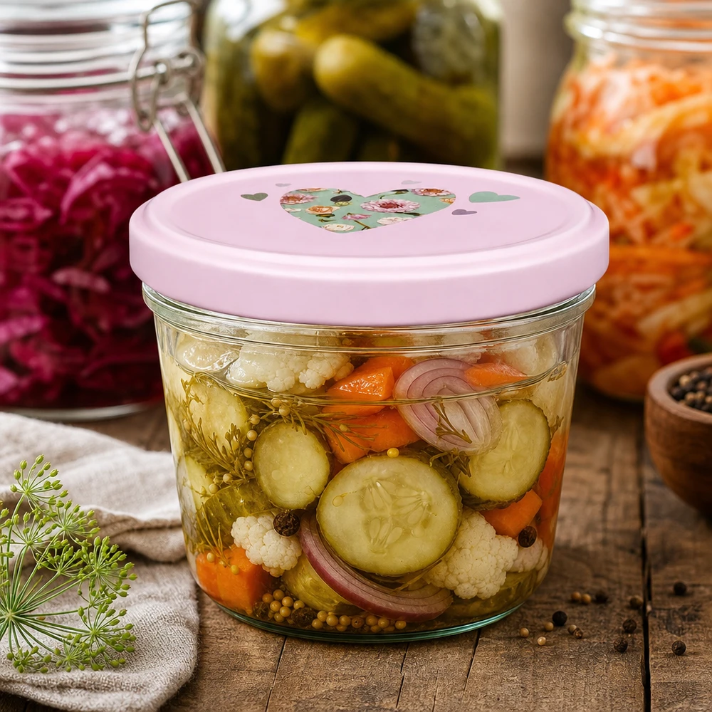 Copos de vidro de 230 ml + tampa BasicSeal cor-de-rosa UNiTWIST Sturzglas 230ml mit rosa Herz-Deckel für eingelegtes Gemüse Mixed Pickles Gurken Karotten Blumenkohl fermentieren
