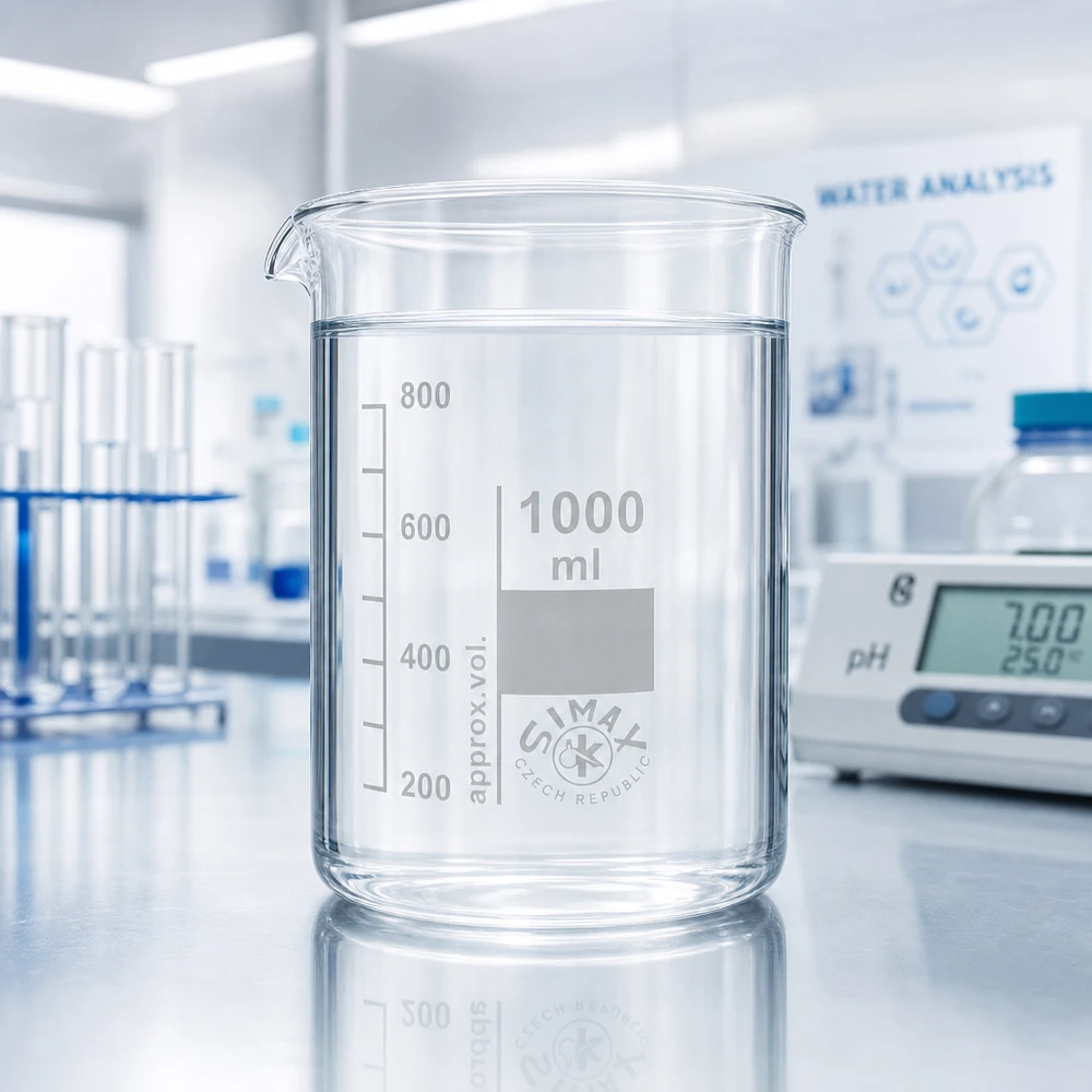 Copo 1000 ml de vidro borossilicato, forma baixa Copo de 1000 ml em vidro borossilicato de forma baixa com lábio de vazamento para facilitar a decantação