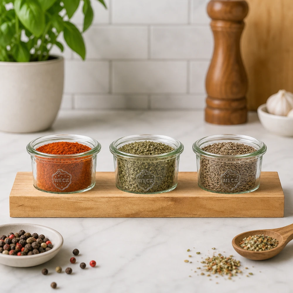 Tábua de servir Plano3 com 3 copos Weck de 80 ml Tábua de servir Plano3 com copos Weck de 80 ml para especiarias e ervas aromáticas numa bancada de cozinha em mármore