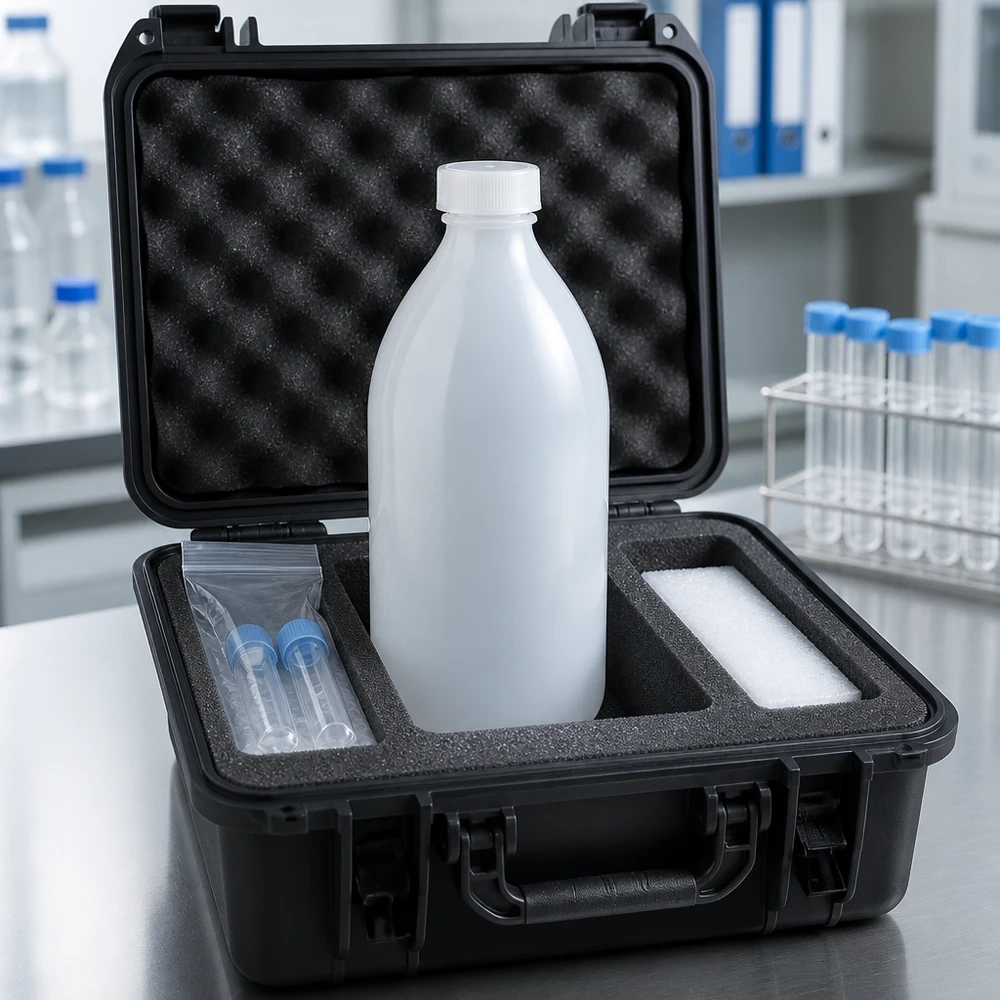 Frasco de rosca de 500ml, frasco de laboratório com gargalo estreito Professionelle Verpackungslösung 500ml Enghals Laborflasche im wasserdichten Koffer