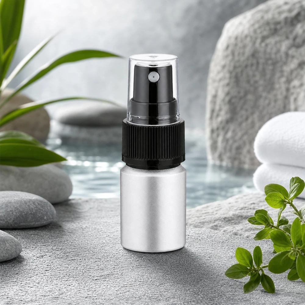 Frasco compacto de alumínio de 10 ml com atomizador preto, ideal para viagens e mala de mão