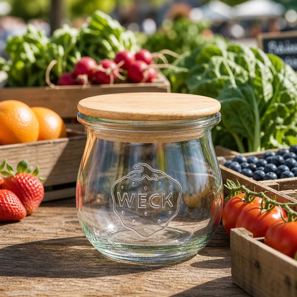 Frasco tulipa de 75 ml WECK RR40 com tampa de madeira WECK Tulpenglas 75ml mit Holzdeckel zwischen frischen Marktgemüse und Obst stilvolle Küchendeko Vorratsglas