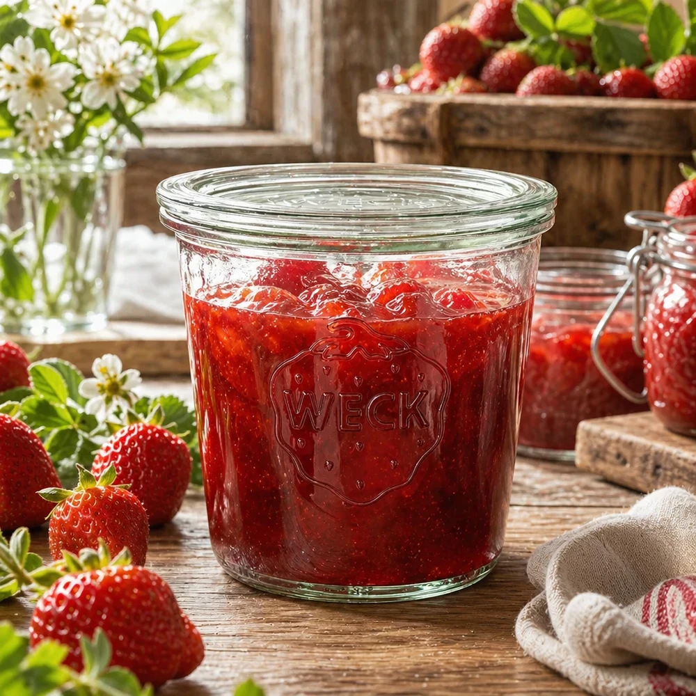 Frasco de conserva WECK de 580 ml cheio de compota de morango numa cozinha rústica com morangos frescos e flores