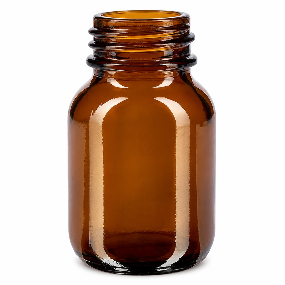 Frasco de 50 ml com gargalo largo em vidro âmbar para cosméticos e produtos farmacêuticos