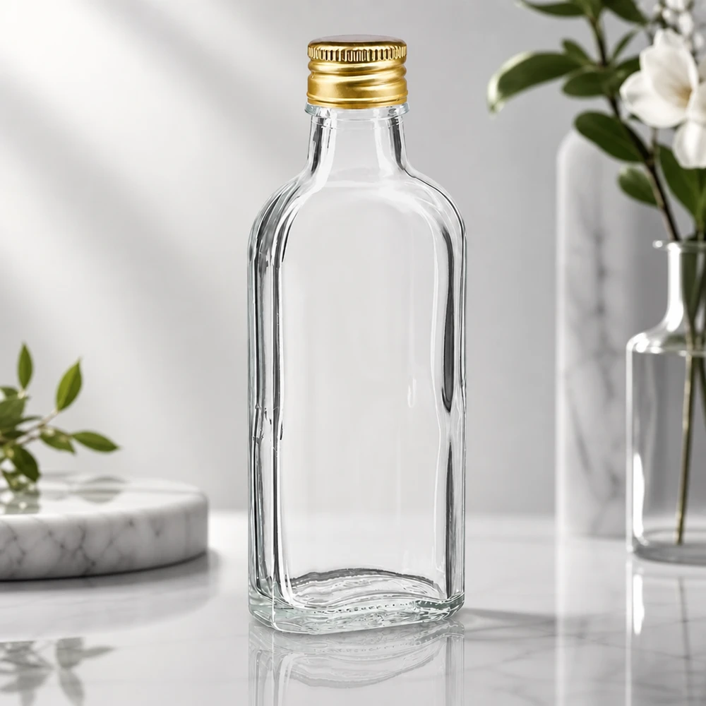 Frasco de vidro Meplat vazio, transparente, de 100 ml, com tampa de alumínio dourada PP22, sobre fundo de mármore
