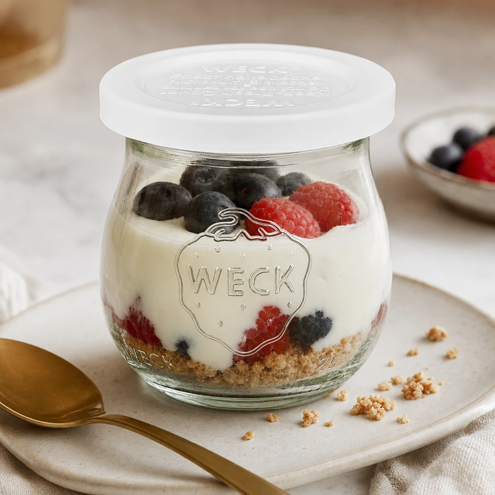 Frasco de tulipa WECK 75ml RR40 com iogurte, frutos silvestres e granola como sobremesa num prato branco com colher dourada