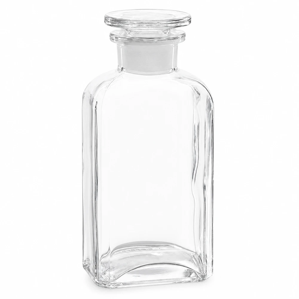 Garrafa quadrada de 250 ml em vidro transparente com rolha de vidro, de gargalo largo, de qualidade laboratorial