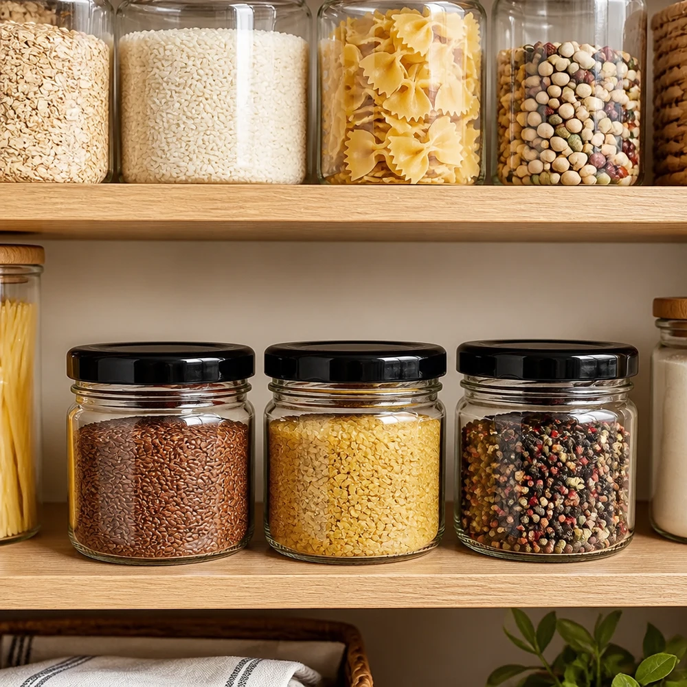 Pequenos frascos de especiarias de 33 ml com tampa preta, cheios de sementes de linhaça, bulgur e pimenta, na prateleira