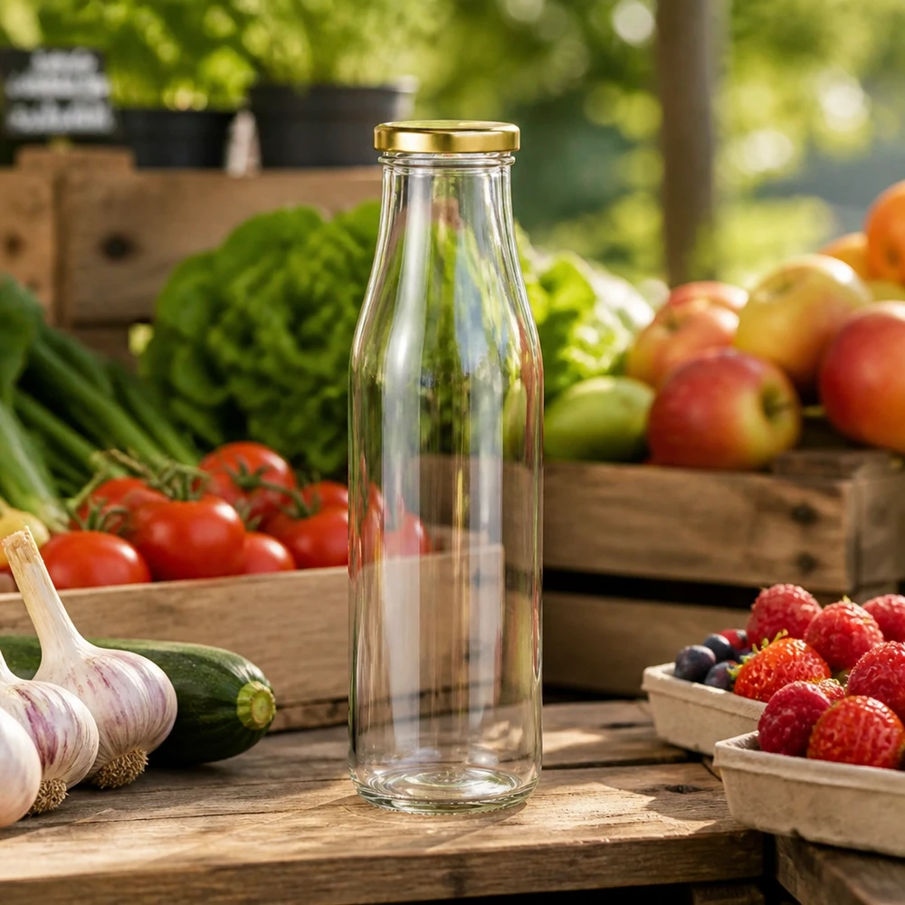 Garrafa de vidro de 500 ml + tampa BasicSeal dourada UNiTWIST Garrafa de vidro de 500 ml vazia BasicSeal tampa dourada entre fruta fresca e legumes numa mesa de madeira ambiente de banca de mercado
