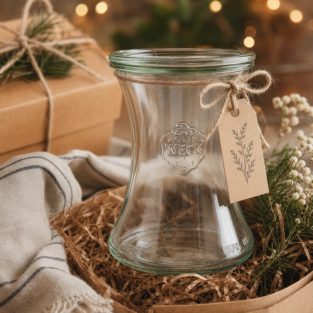 Frasco de charcutaria WECK 370ml RR80 como presente com etiqueta de papel kraft em decoração rústica de Natal