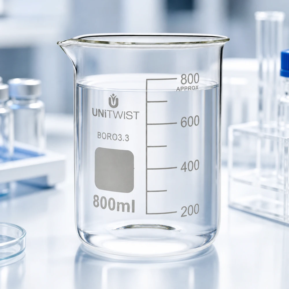 Copo de vidro transparente vazio de 800 ml, borossilicato 3.3, formato baixo, da marca UNiTWIST, sobre uma bancada de laboratório branca