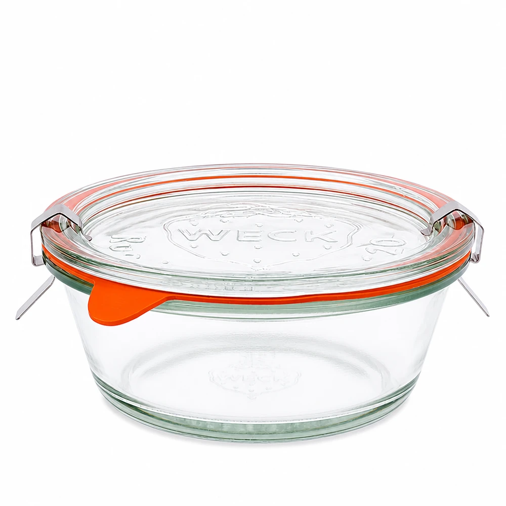 300ml Gourmetglas komplett WECK RR120 Frasco Gourmet WECK 300ml RR120 com tampa de vidro e anel de borracha cor de laranja, frasco de conserva redondo em vidro transparente