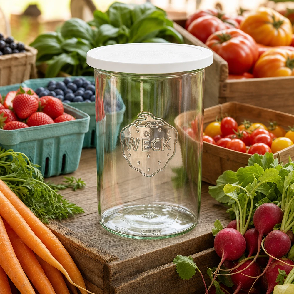 Copos WECK 1000ml RR100 com tampa fresca entre legumes frescos do mercado cenouras rabanetes e bagas