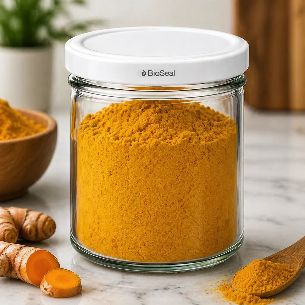 UNiTWIST Frasco de 167 ml com tampa BioSeal cheio de açafrão-da-terra em pó para guardar especiarias cena de cozinha