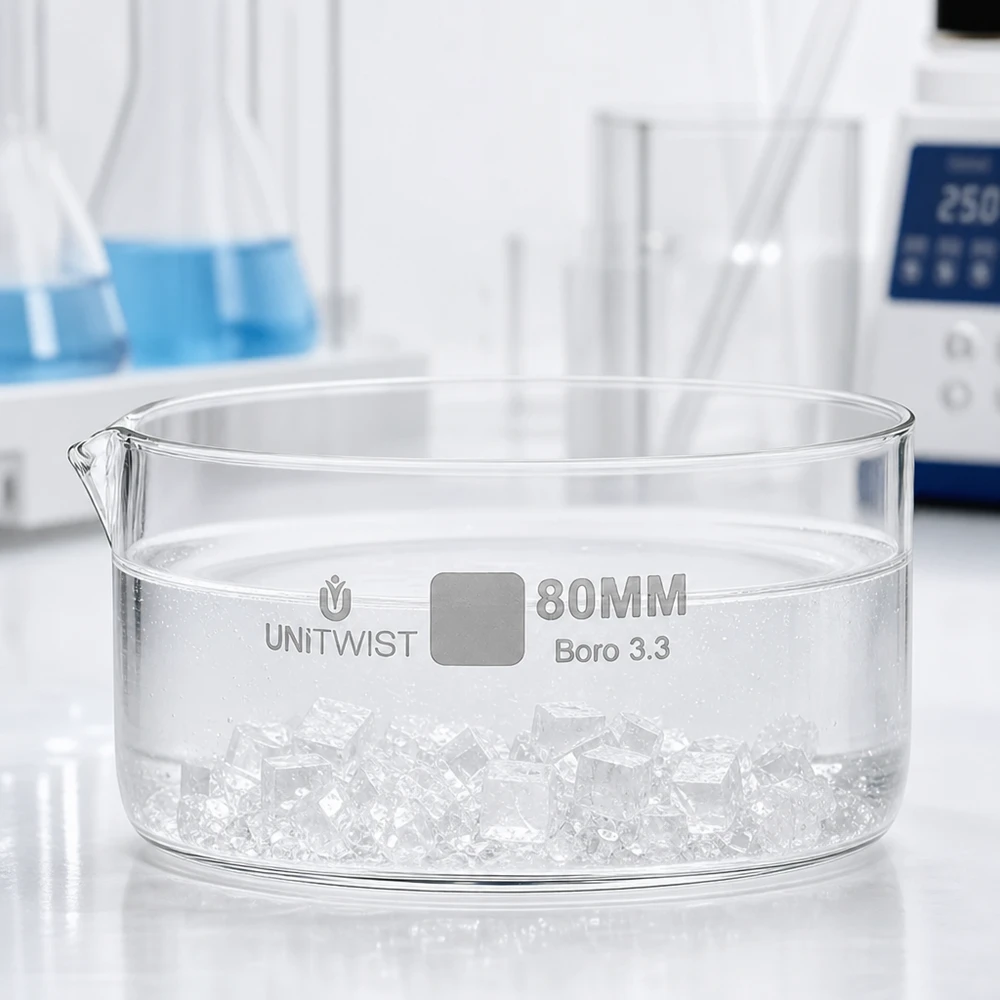 Bandeja de cristalização plana de 80 mm com cubos de gelo para laboratório, em vidro borossilicato UNiTWIST