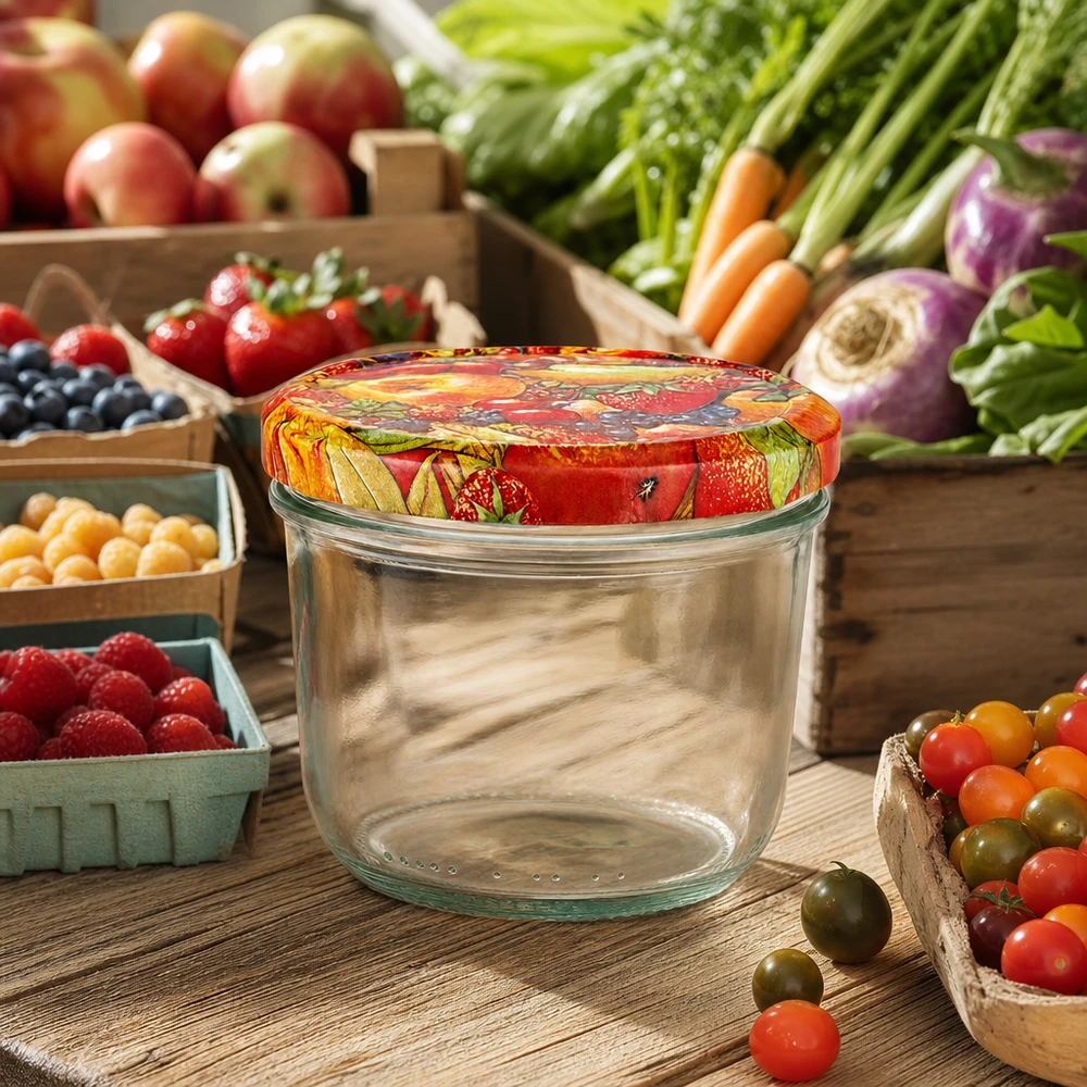 Copos de vidro de 230 ml + tampa BasicSeal decoração de fruta UNiTWIST Copos de 230 ml com tampa BasicSeal para decoração de frutas numa mesa de madeira rodeada de legumes frescos e bagas do jardim