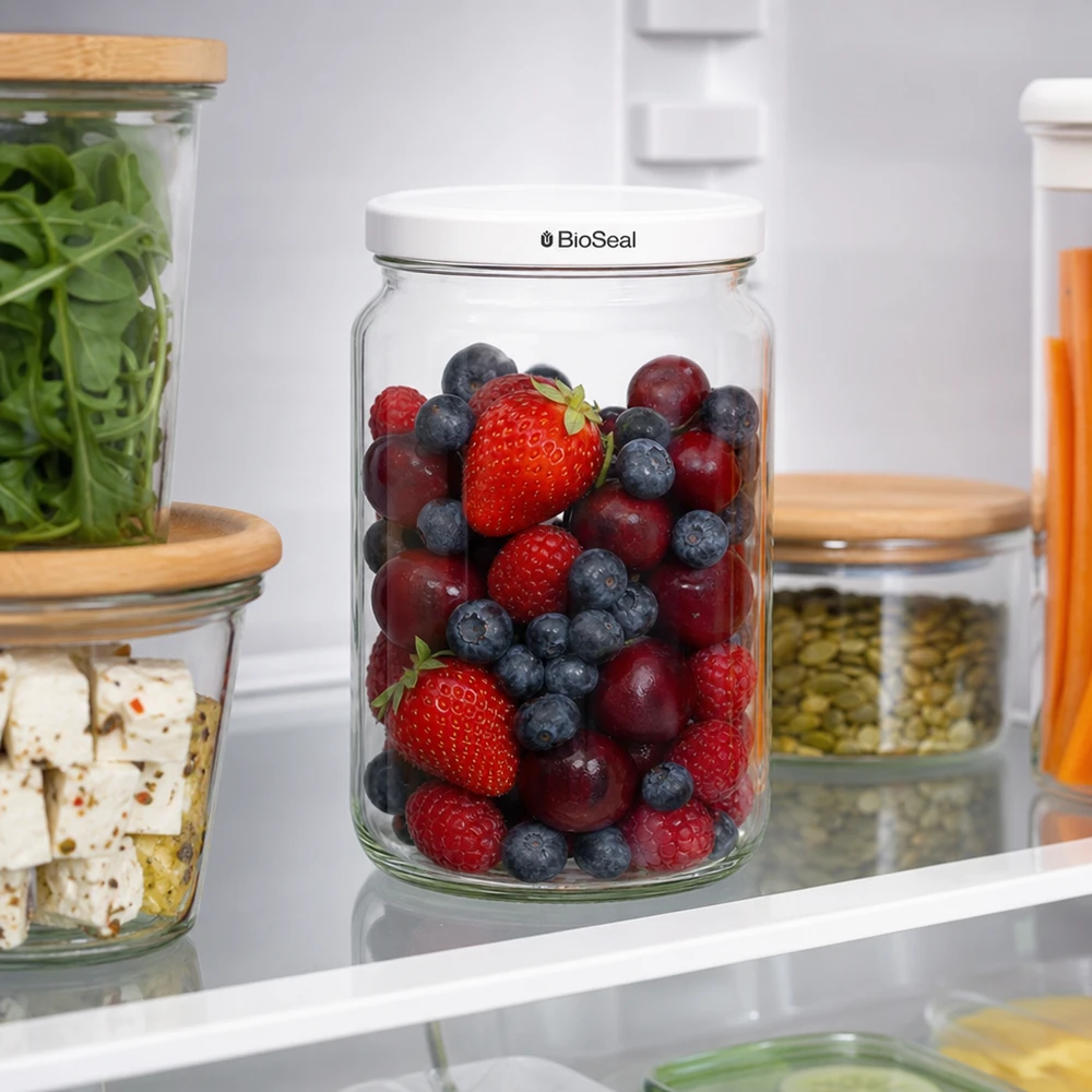 Frasco redondo de 795 ml com tampa BioSeal branca UNiTWIST UNiTWIST Runda795 im Kühlschrank mit frischen Beeren - optimale Frischhaltung dank weißem TO82 BioSeal Deckel
