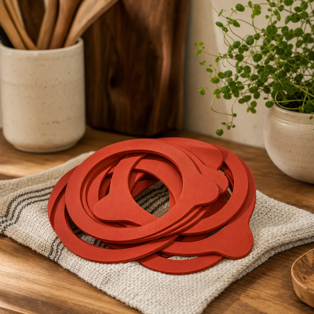 Anéis de ebulição RR100 vermelhos feitos de borracha natural sobre um pano de cozinha num ambiente de cozinha acolhedor com utensílios de madeira