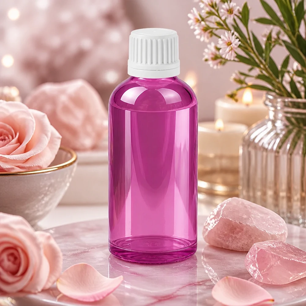 Frasco de vidro violeta de 50 ml com abertura de 11 mm e tampa branca para uma dosagem precisa