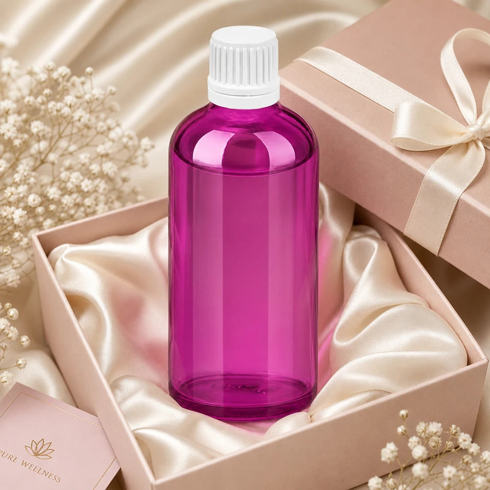 Frasco conta-gotas de 100 ml com tampa de rosca Originality branca de 0,7 mm PurpleLine UT18/100 Prático frasco conta-gotas PurpleLine de 100 ml com design roxo transparente para um controlo fácil do nível de enchimento