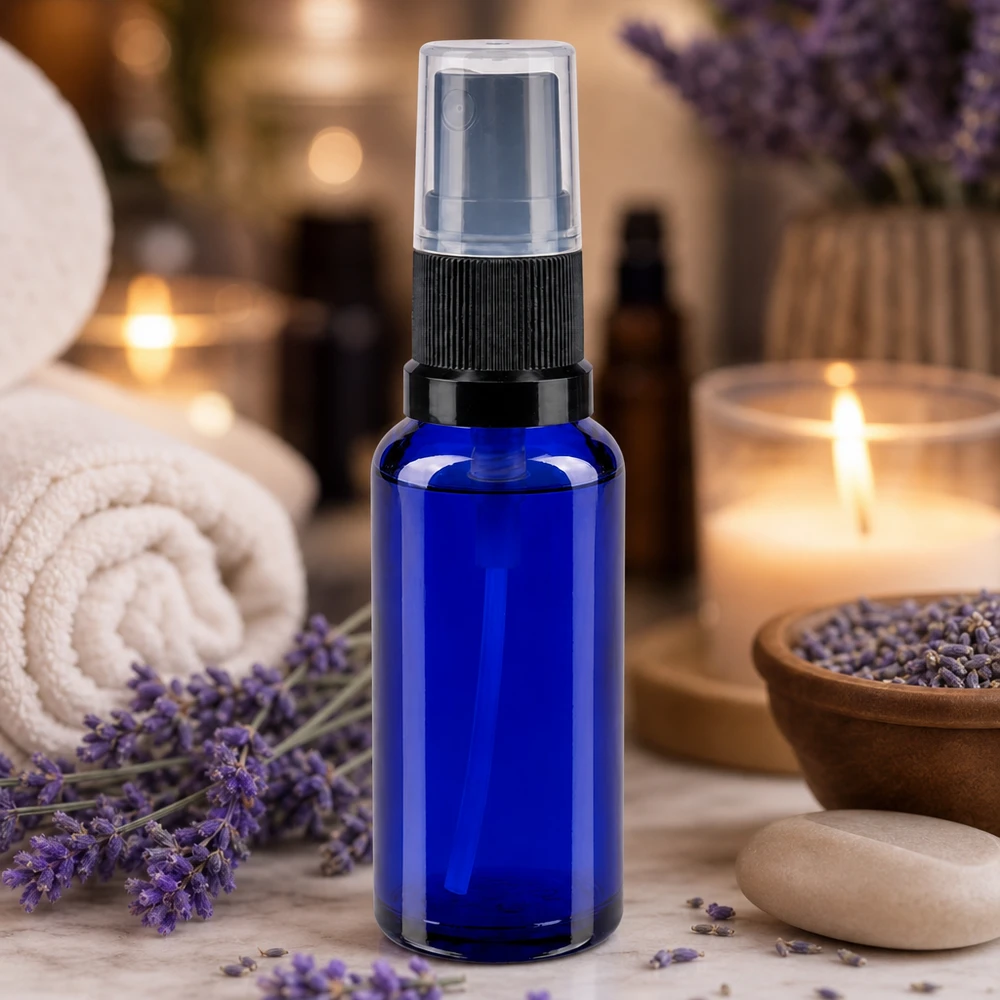 Frasco de farmácia azul 30ml spray top preto Frasco de vidro azul de 30 ml, tipo farmácia, com pulverizador preto, sobre fundo de mármore com lavanda