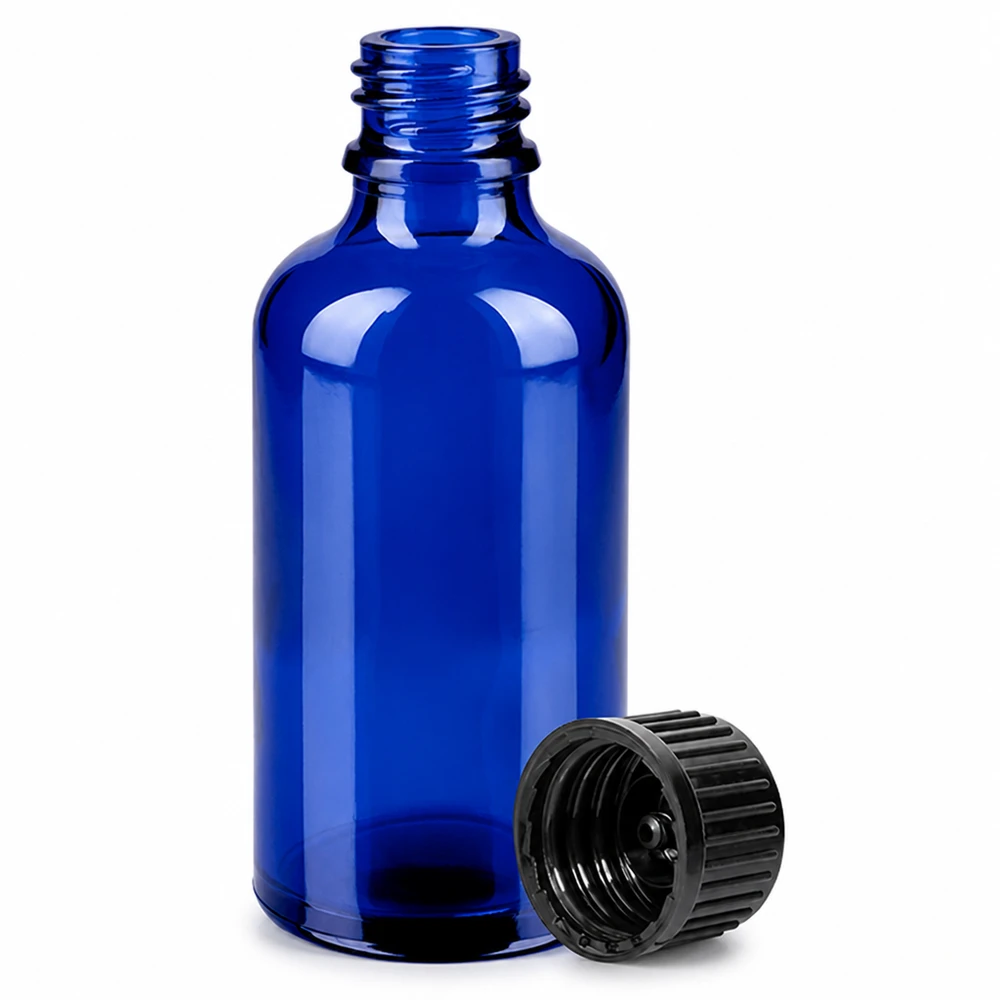 Frasco de vidro compacto de 50 ml em azul com rosca de 11 mm e tampa inviolável preta