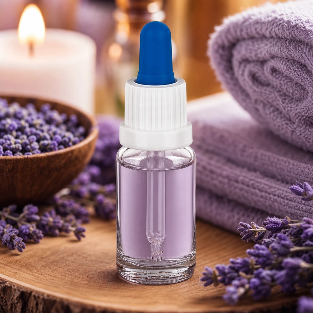 Frasco pipeta de 10ml branco/azul com fecho inviolável ClearLine UT18/10 Frasco com pipeta de 10 ml cheio de óleo de lavanda, sobre uma base de madeira com flores de lavanda e uma vela