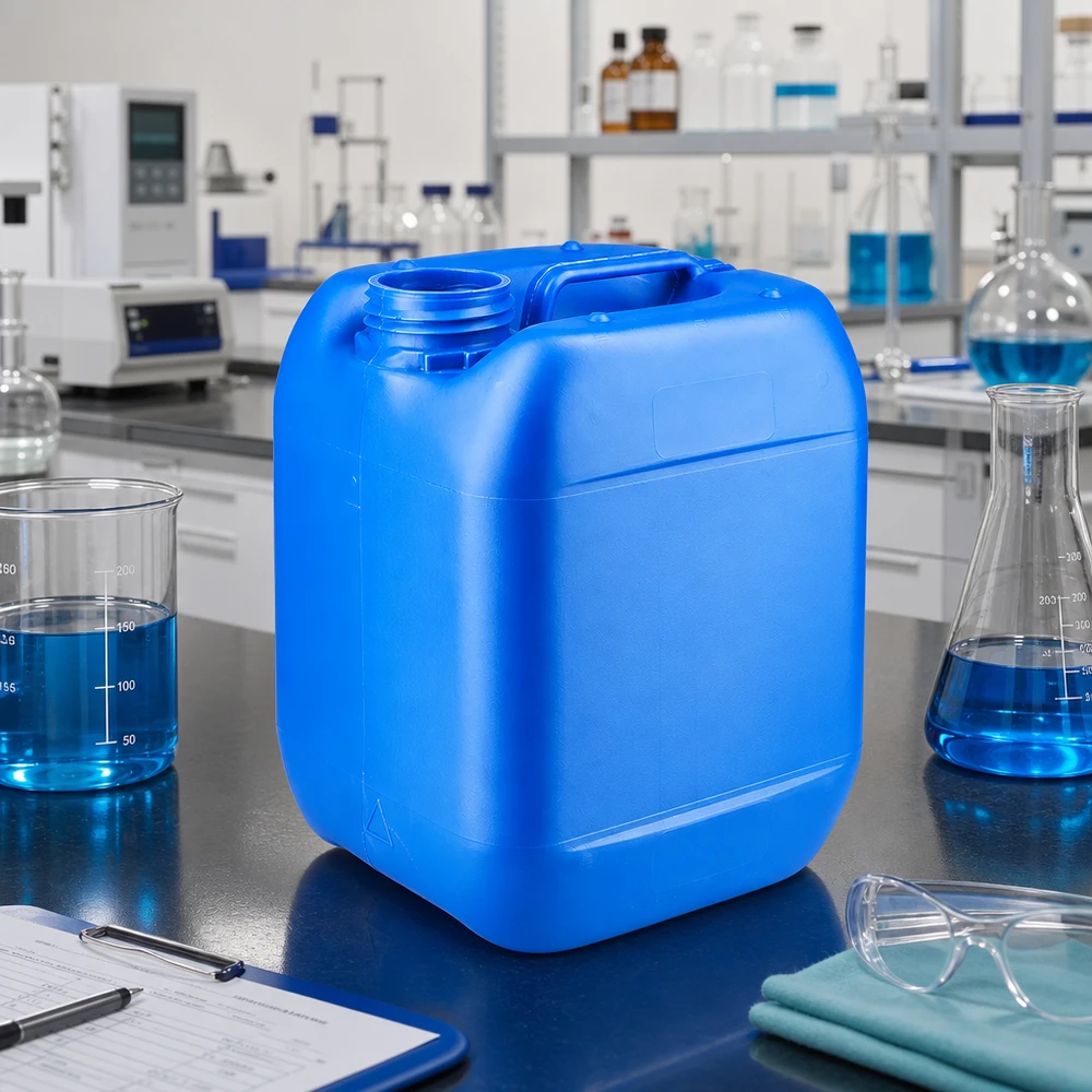 Recipiente azul de 5 litros sem tampa, em cima da mesa de laboratório, ao lado de um frasco de Erlenmeyer e de um copo de laboratório