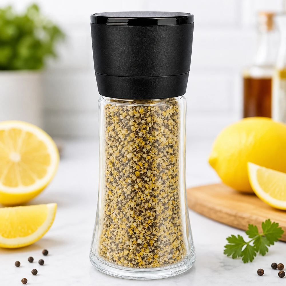Mistura de especiarias de pimenta e limão num moinho de vidro de 95 ml com mecanismo de moagem Vario preto sobre base de mármore