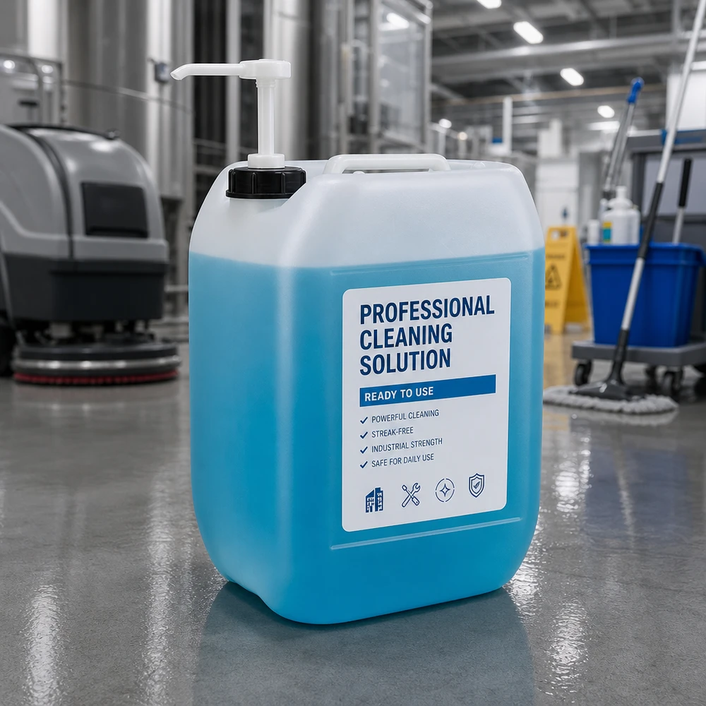 Bidão de 10 litros com bomba doseadora Bidão azul de 10 litros de produto de limpeza com bomba dosadora no pavimento industrial de um pavilhão de produção
