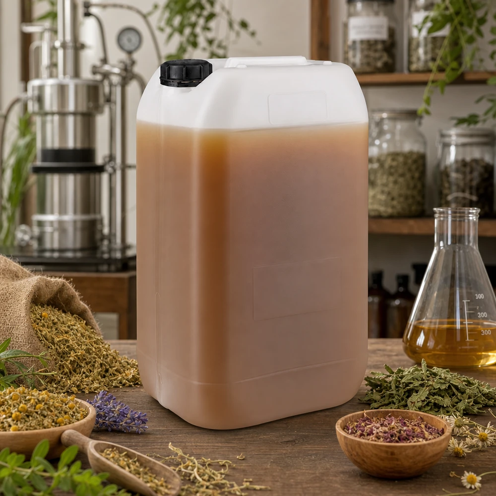 Armazenamento de extrato de ervas num bidão de 15 litros com tampa original num laboratório de ciências naturais