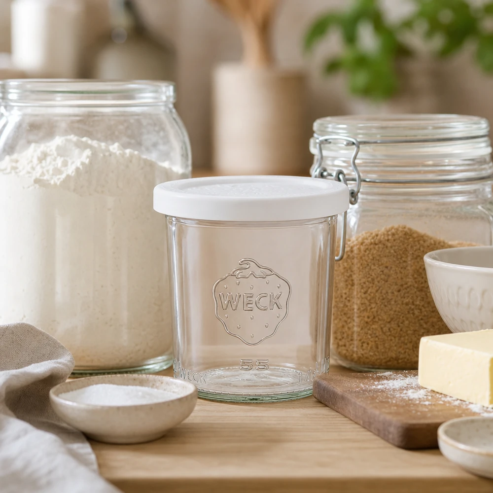 Copos WECK RR60 de 140 ml num cenário de cozinha natural com ingredientes de pastelaria e tábua de madeira como imagem de estilo de vida