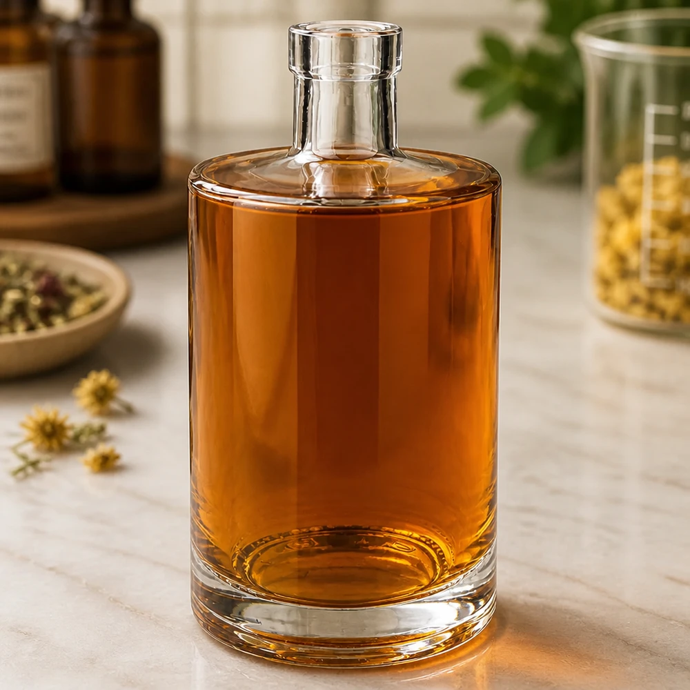 700ml Glasflasche "Galileo" ohne Verschluss UNiTWIST® Garrafa de vidro de 700 ml Marie cheia de líquido de cor âmbar num ambiente elegante com ervas e frascos de boticário