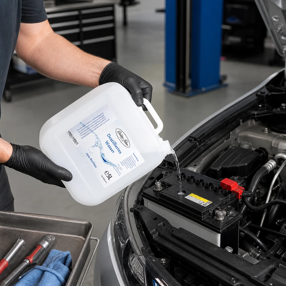 Água destilada Doktor-Klaus 5 litros para a manutenção profissional de baterias de automóveis no sector automóvel