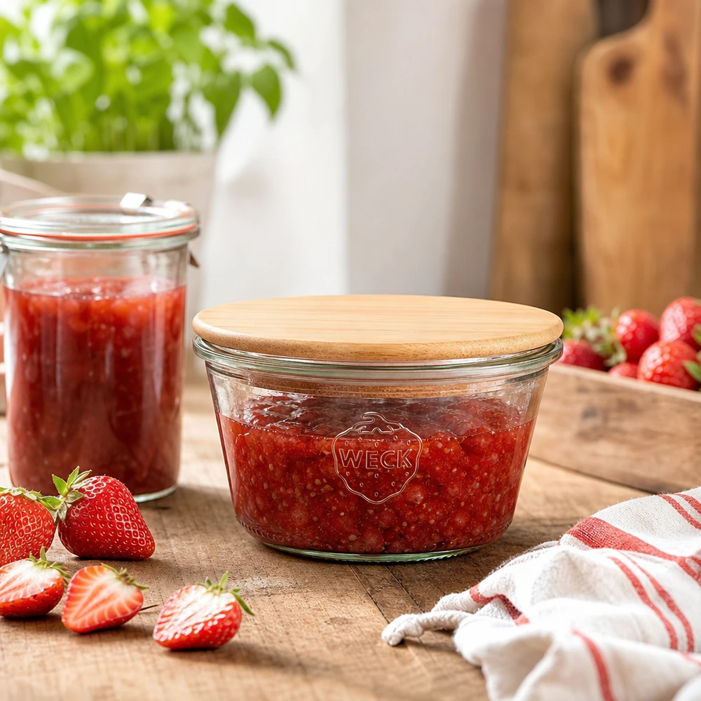 290ml Sturzglas niedrig WECK RR100 mit Holzdeckel Frasco de conserva WECK 290ml RR100 cheio de compota de morango, tampa de madeira de bambu, cena de cozinha com morangos frescos