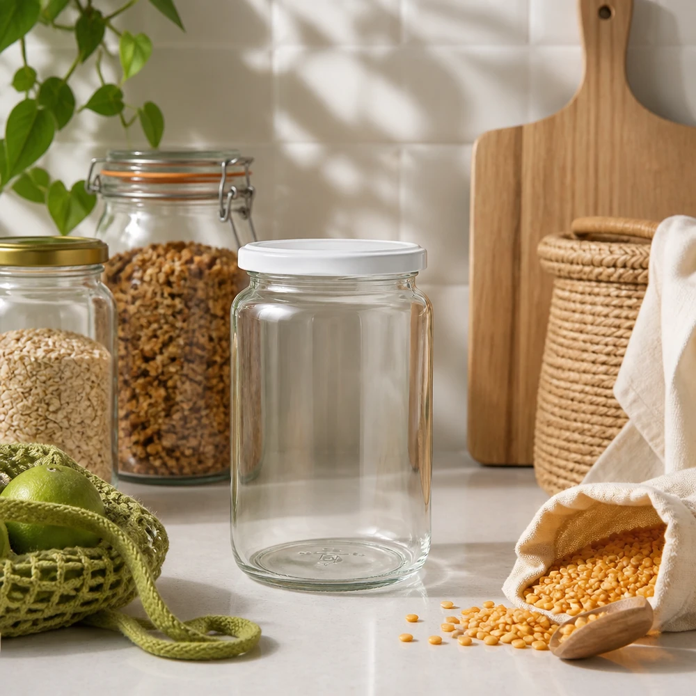 Frasco redondo de 795 ml UNiTWIST na cozinha sustentável sem desperdício com leguminosas e soluções de arrumação amigas do ambiente