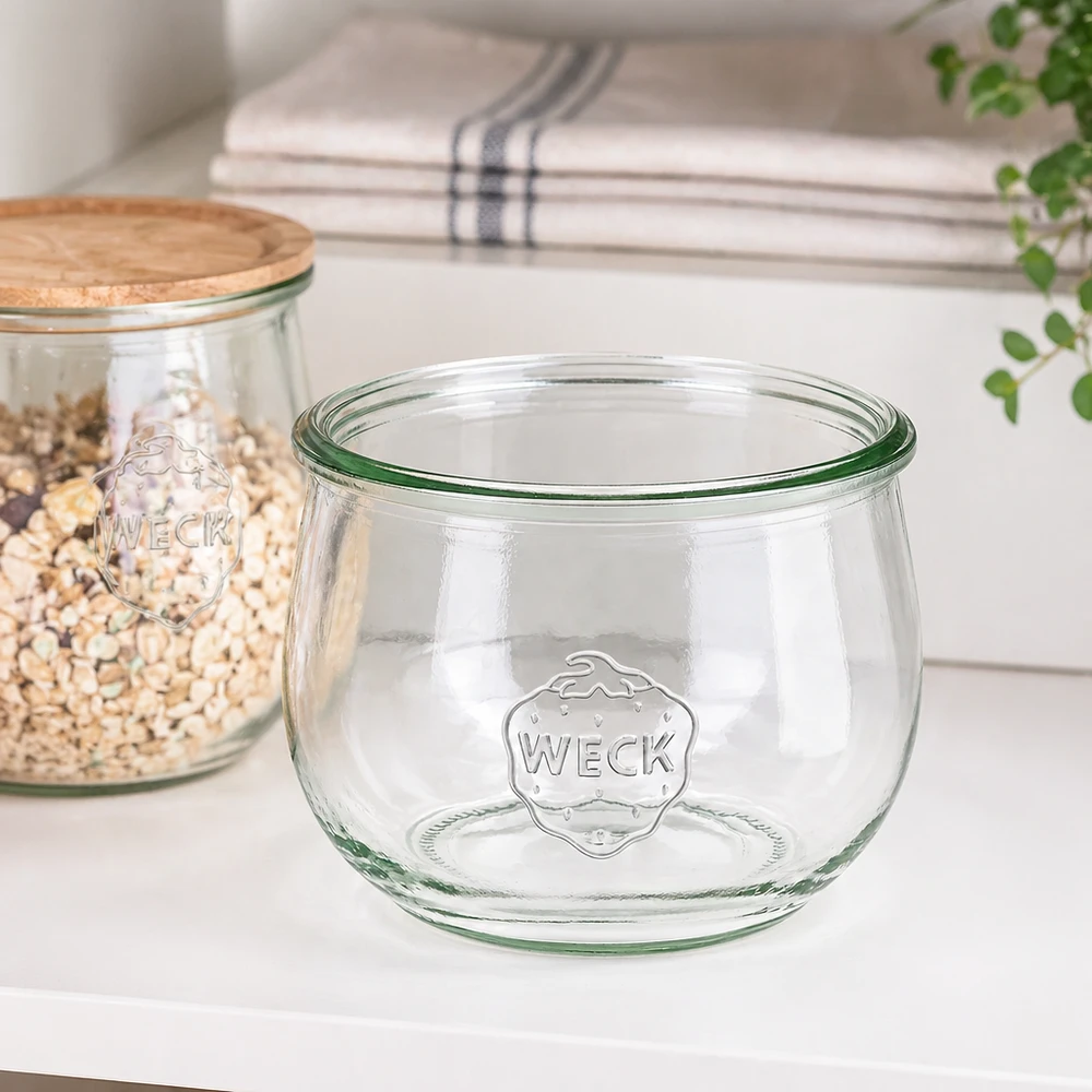 Frasco em forma de tulipa WECK RR100 de 580 ml Frasco tulipa WECK RR100 de 580 ml transparente com logótipo na bancada de cozinha branca ao lado do frasco de armazenamento