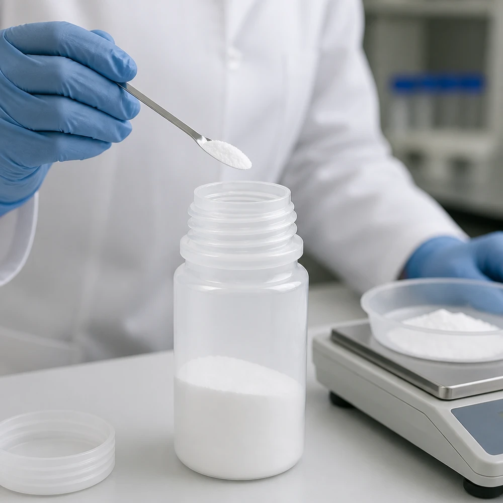 Frasco de laboratório branco de 50 ml, de gargalo largo e aberto, com balança de laboratório e pó branco durante a pesagem