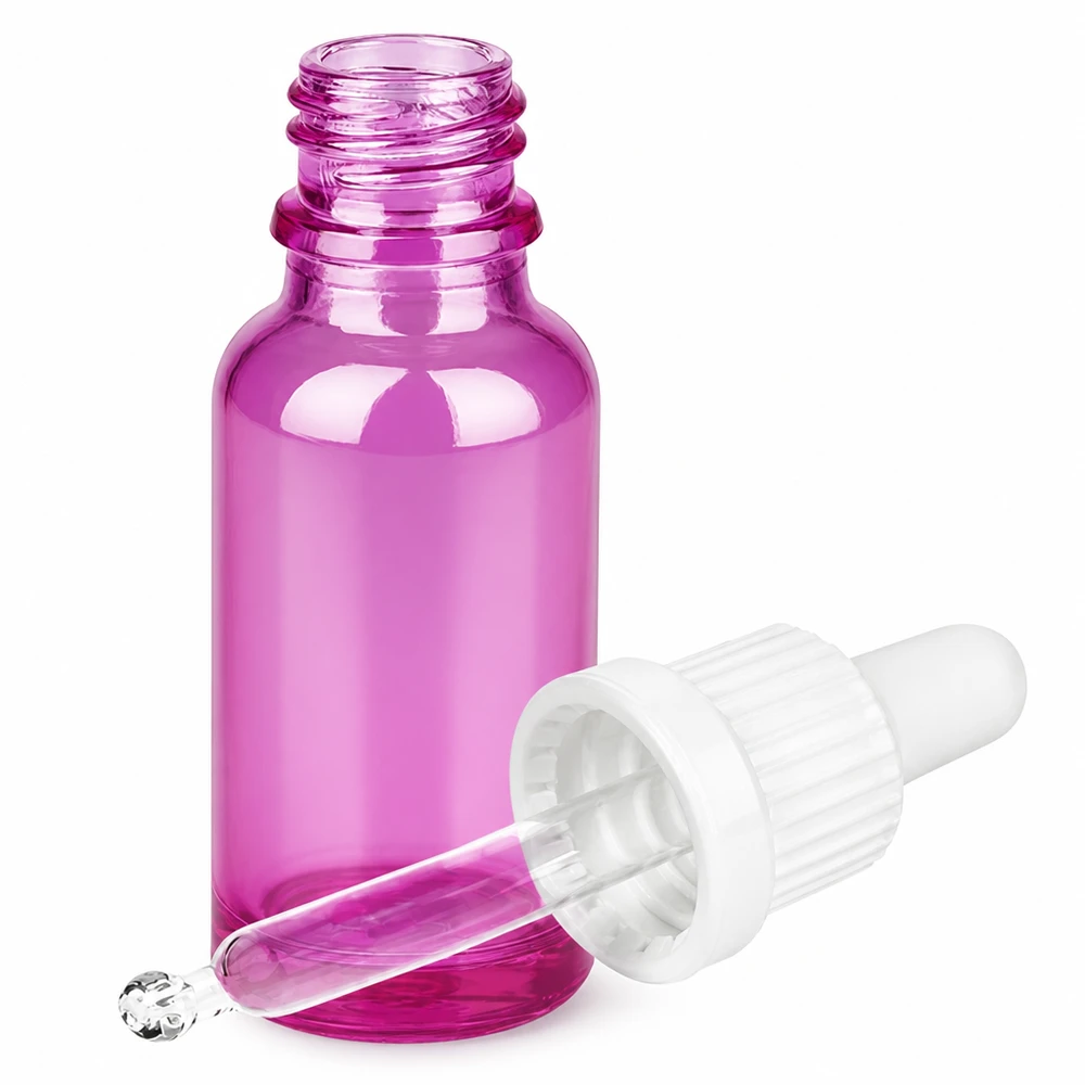 Frasco de pipeta de 20 ml com tampa de rosca branca Originality PurpleLine UT18/20 Frasco de vidro roxo de 20 ml com pipeta para cosméticos e óleos essenciais