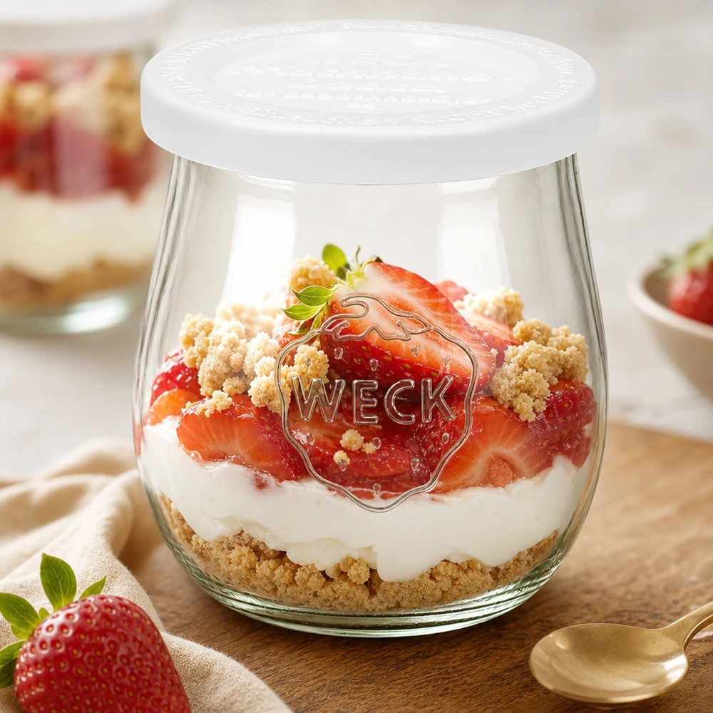 Frasco tulipa WECK 220ml com tampa fresca como frasco de sobremesa - Sobremesa em camadas de morango e creme com crumble em frasco RR60